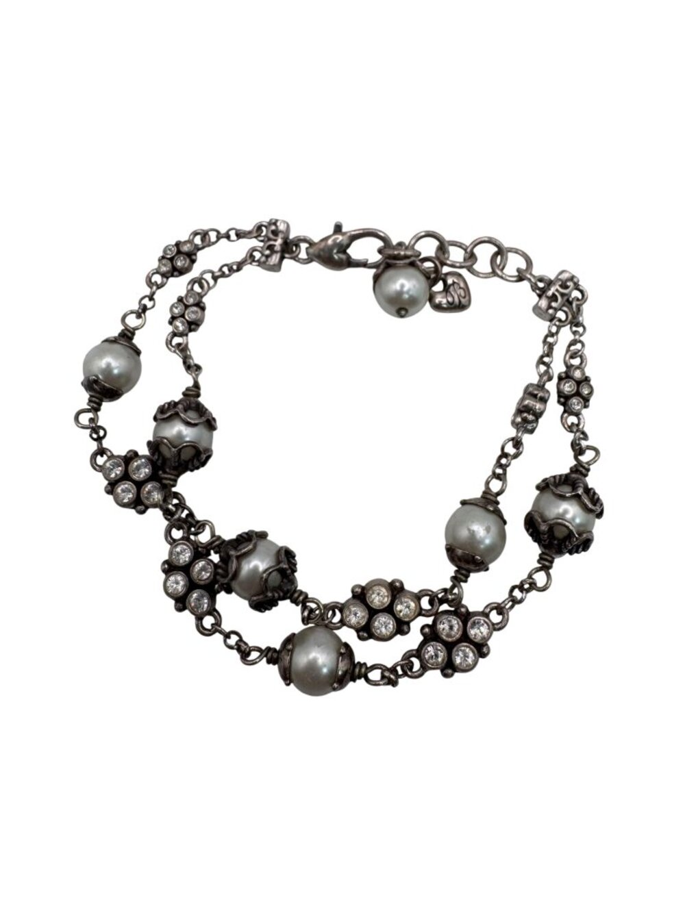 Retired Brighton Atma Double Strand Silver Toned Faux Pearls Rhinestone Bracelet